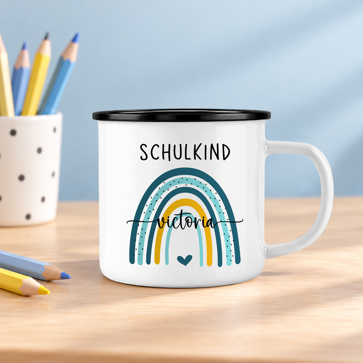 Emaille Tasse mit Namen | Schulkind Regenbogen blau