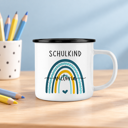 Emaille Tasse mit Namen | Schulkind Regenbogen blau