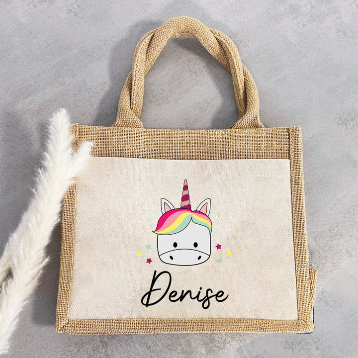 Personalisierte Jute Pocket Tasche | mit Wunschnamen | Tiere | Einhorn | persönliches Geschenk für Kinder | auch als Geschenktasche