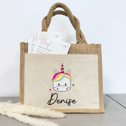 Personalisierte Jute Pocket Tasche | mit Wunschnamen | Tiere | Einhorn | persönliches Geschenk für Kinder | auch als Geschenktasche