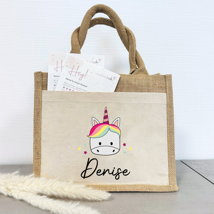 Personalisierte Jute Pocket Tasche | mit Wunschnamen | Tiere | Einhorn | persönliches Geschenk für Kinder | auch als Geschenktasche