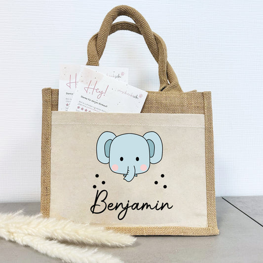 Personalisierte Jute Pocket Tasche | mit Wunschnamen | Tiere | Elefant | persönliches Geschenk für Kinder | auch als Geschenktasche