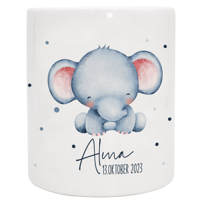 Keramik Spardose mit Name + Datum | Tierkinder - Elefant