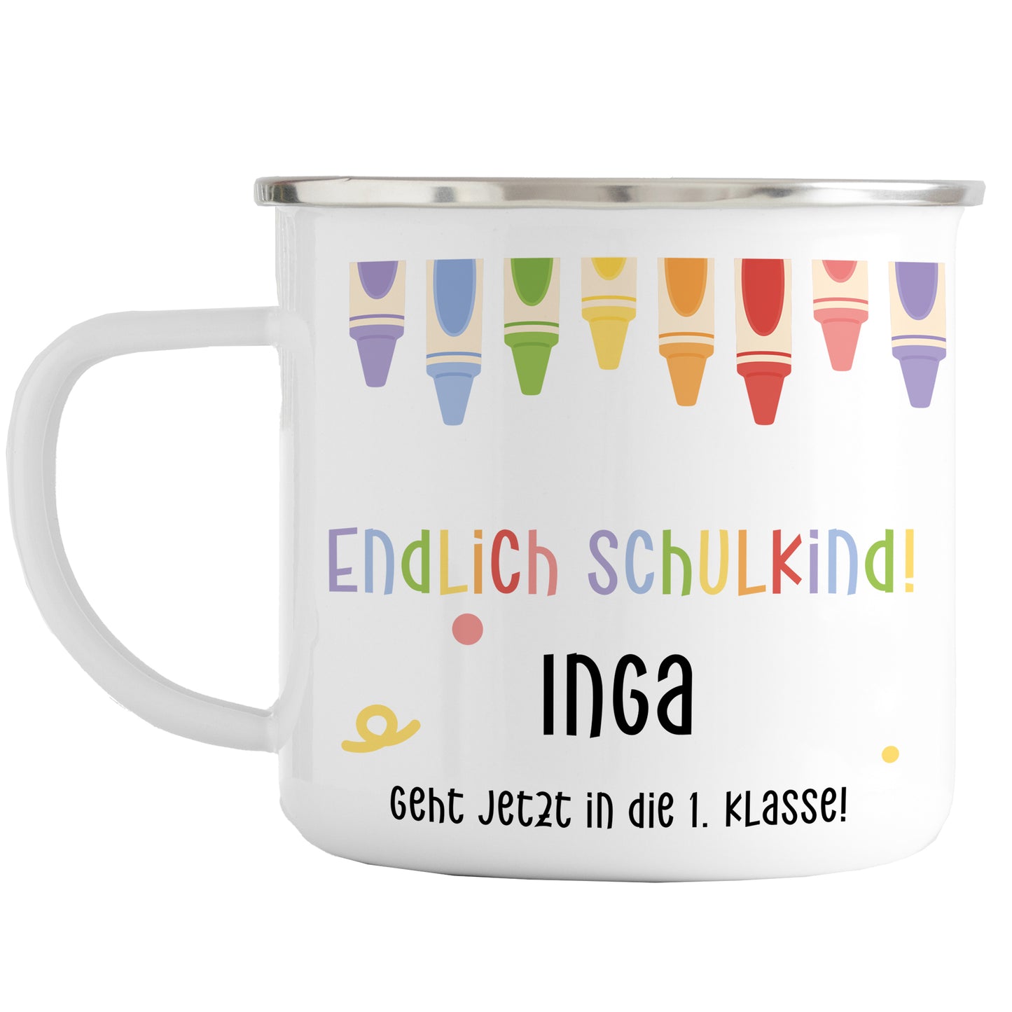 Emaille Tasse mit Namen | Endlich Schulkind | Buntstifte oben