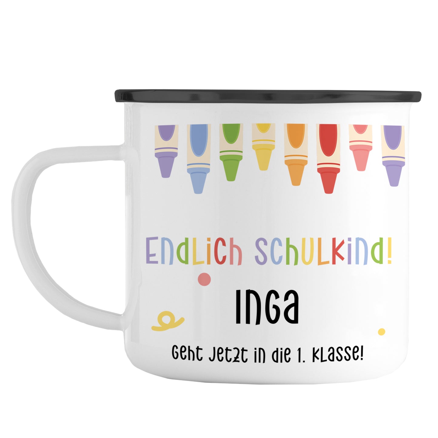 Emaille Tasse mit Namen | Endlich Schulkind | Buntstifte oben