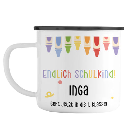 Emaille Tasse mit Namen | Endlich Schulkind | Buntstifte oben
