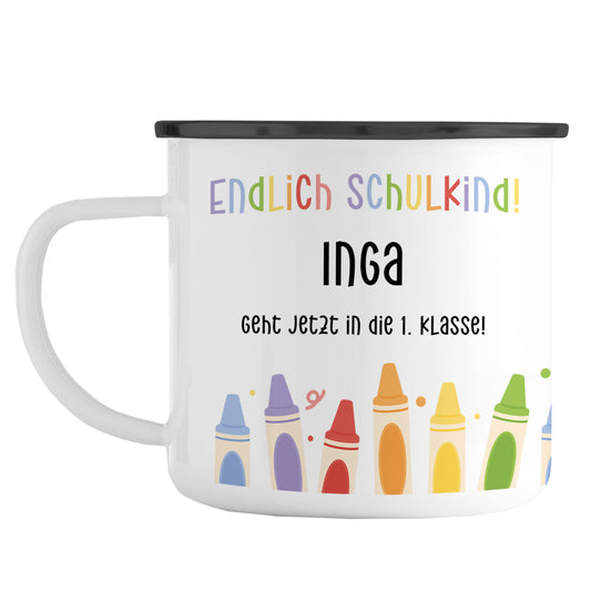 Emaille Tasse mit Namen | Endlich Schulkind | Buntstifte unten