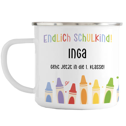 Emaille Tasse mit Namen | Endlich Schulkind | Buntstifte unten