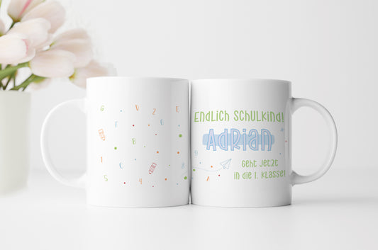 Keramik Tasse mit Namen | Endlich Schulkind Blau