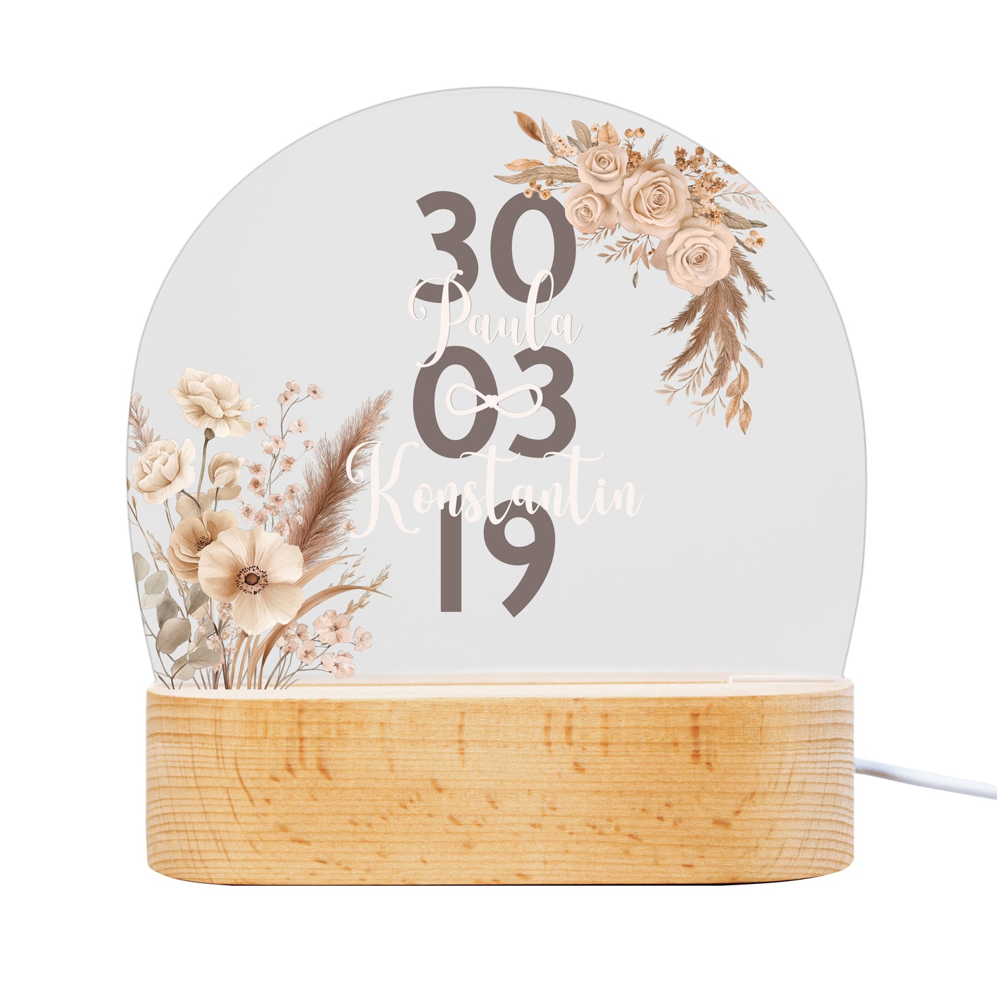 Personalisierte LED Lampe | Nachtlicht aus Holz und Acryl | Boho Blumen