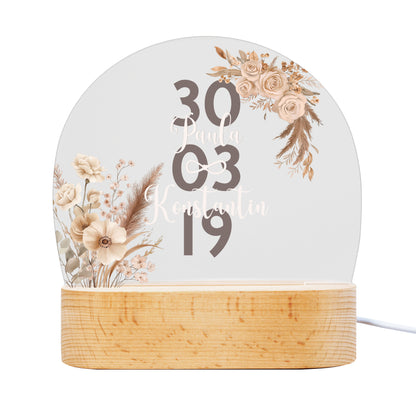 Personalisierte LED Lampe | Nachtlicht aus Holz und Acryl | Boho Blumen