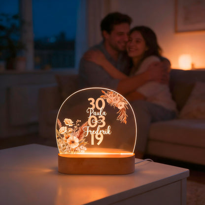 Personalisierte LED Lampe | Nachtlicht aus Holz und Acryl | Boho Blumen