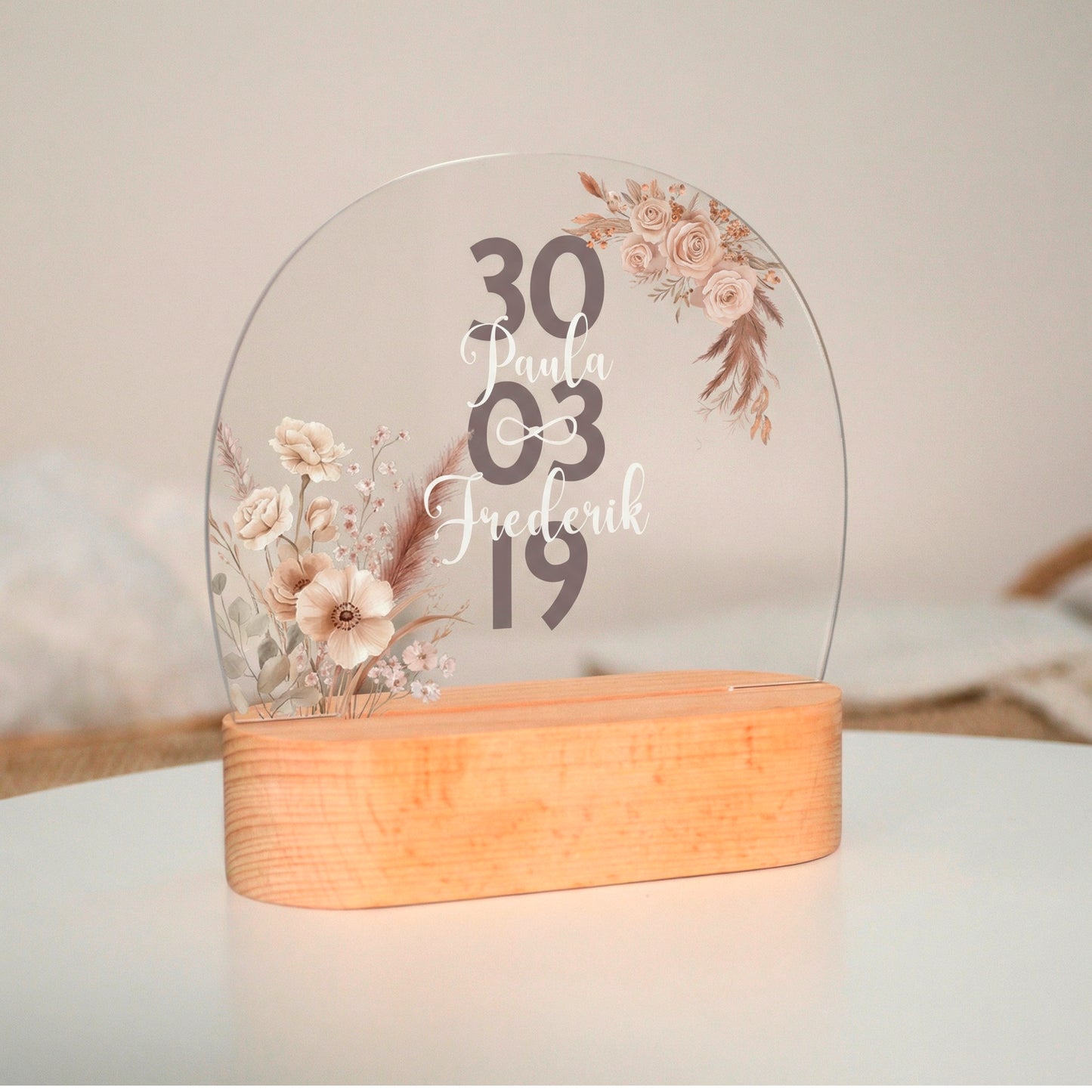 Personalisierte LED Lampe | Nachtlicht aus Holz und Acryl | Boho Blumen