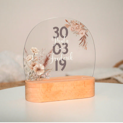 Personalisierte LED Lampe | Nachtlicht aus Holz und Acryl | Boho Blumen