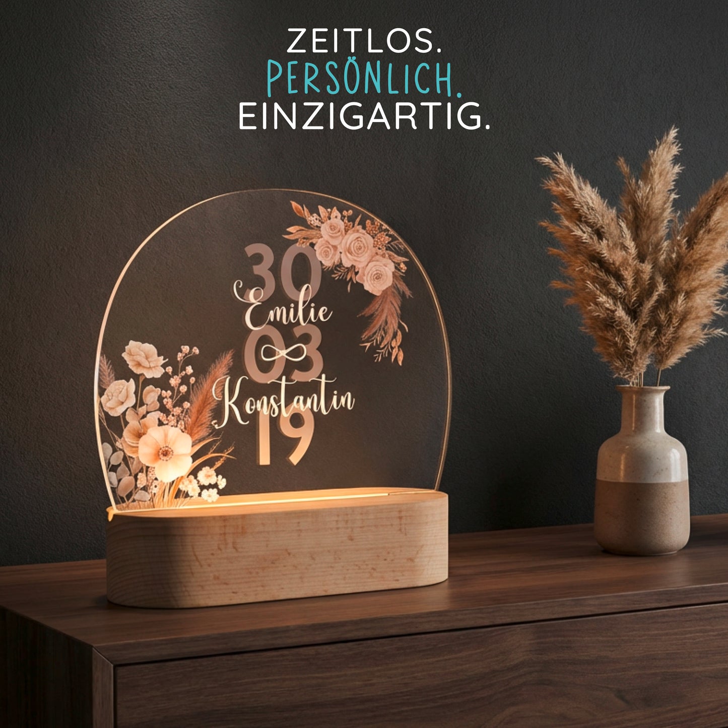Personalisierte LED Lampe | Nachtlicht aus Holz und Acryl | Boho Blumen