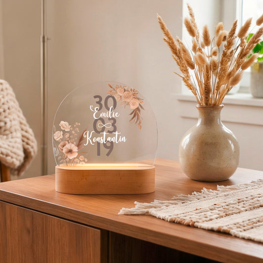Personalisierte LED Lampe | Nachtlicht aus Holz und Acryl | Boho Blumen