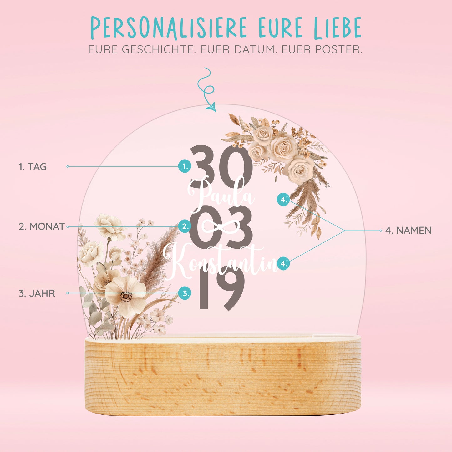 Personalisierte LED Lampe | Nachtlicht aus Holz und Acryl | Boho Blumen