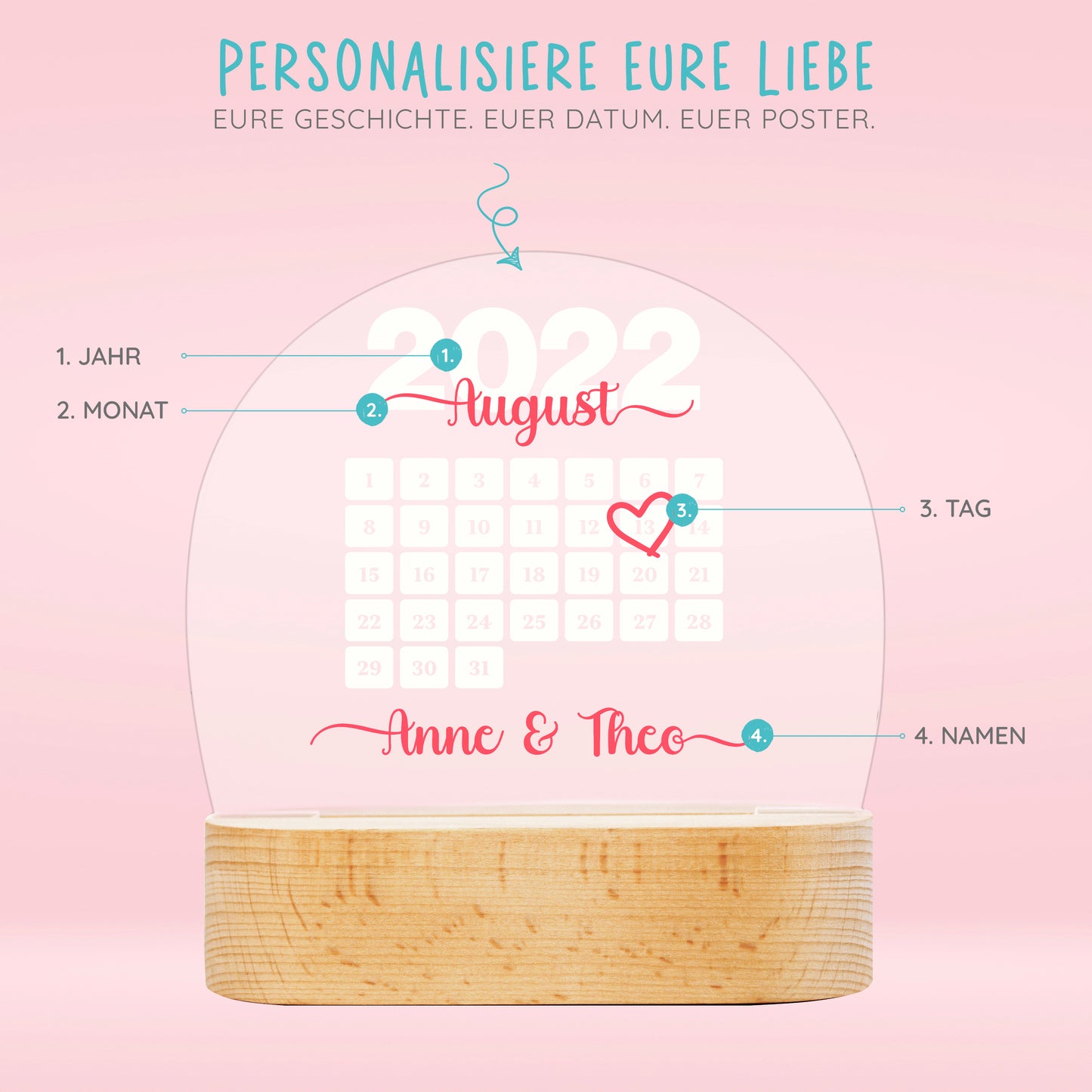 Personalisierte LED Lampe | Nachtlicht aus Holz und Acryl | Kalender 1