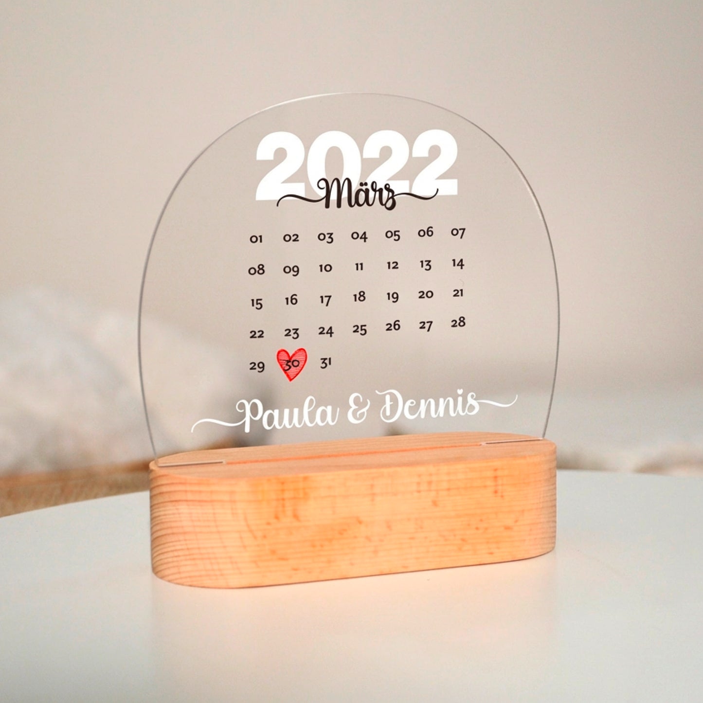 Personalisierte LED Lampe | Nachtlicht aus Holz und Acryl | Kalender 2