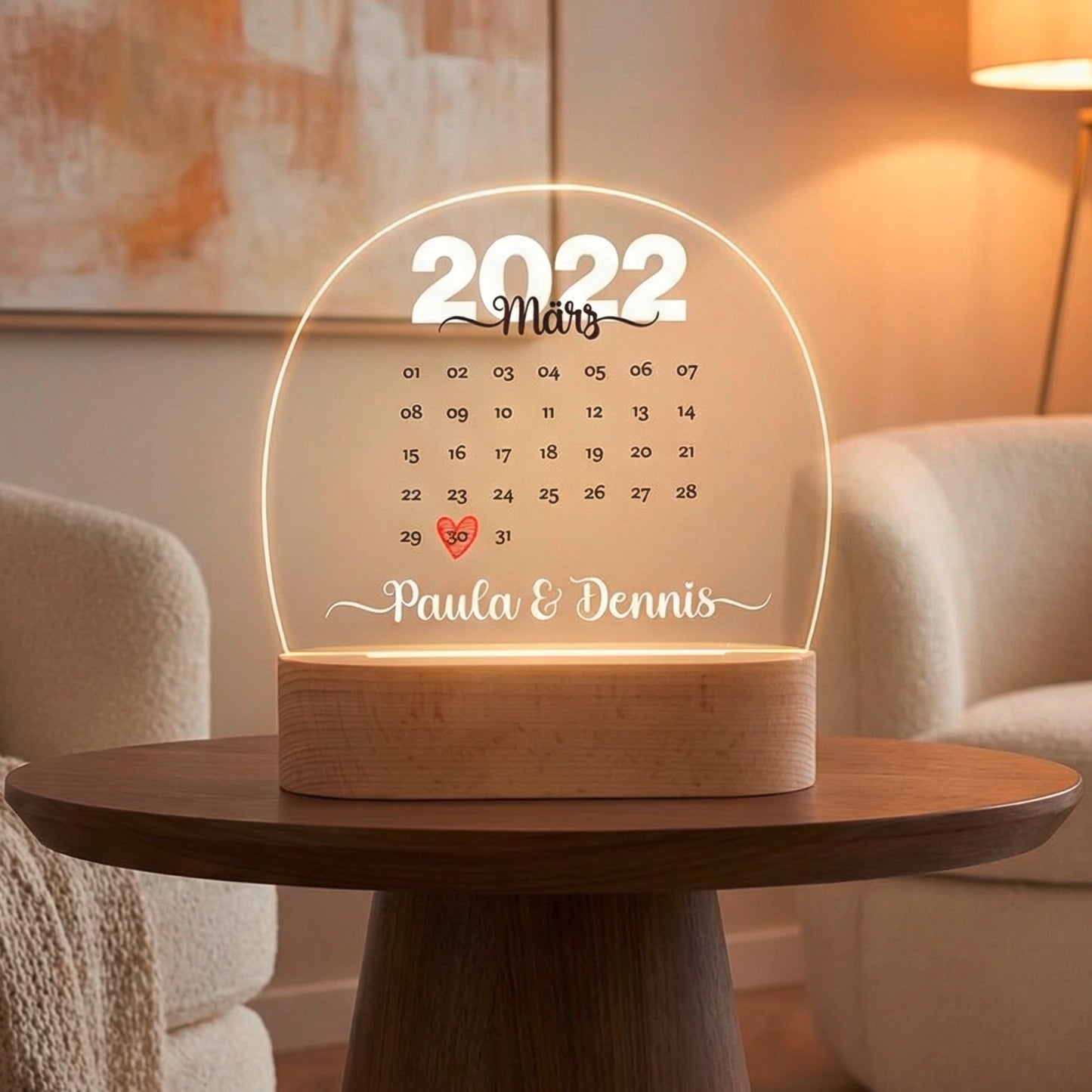 Personalisierte LED Lampe | Nachtlicht aus Holz und Acryl | Kalender 2