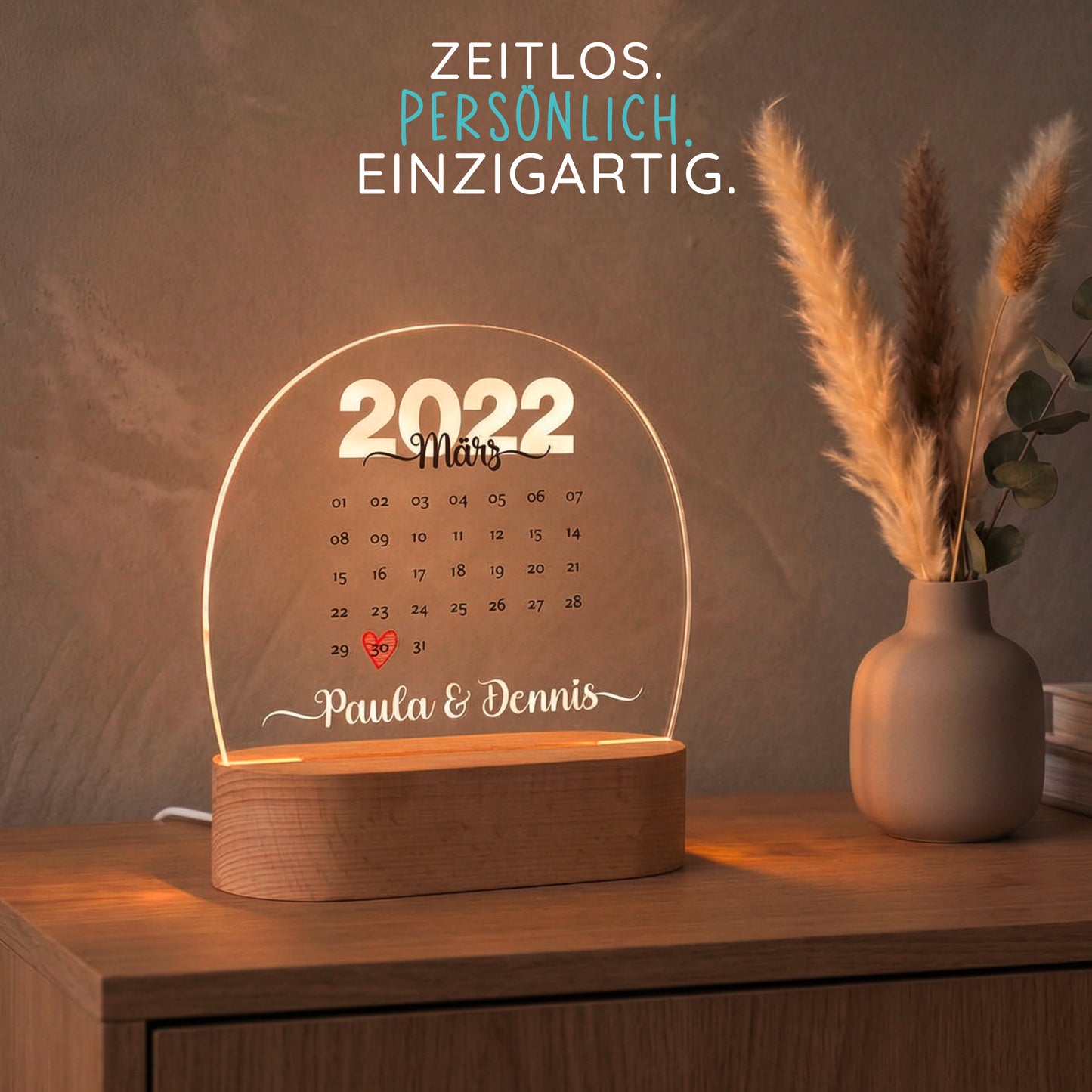 Personalisierte LED Lampe | Nachtlicht aus Holz und Acryl | Kalender 2