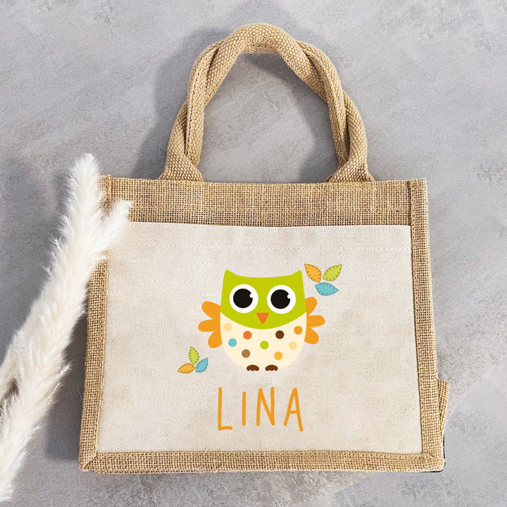 Personalisierte Jute Pocket Tasche | mit Wunschnamen | Tiere | Eule mit Blätter | persönliches Geschenk für Kinder | auch als Geschenktasche