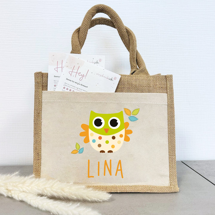 Personalisierte Jute Pocket Tasche | mit Wunschnamen | Tiere | Eule mit Blätter | persönliches Geschenk für Kinder | auch als Geschenktasche