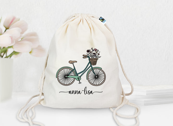 Personalisierter Turnbeutel aus Bio- Baumwolle | mit Wunschnamen | Fahrrad mint | Rucksack für Sport und Einkauf