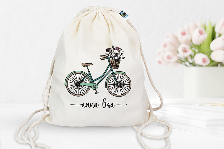 Personalisierter Turnbeutel aus Bio- Baumwolle | mit Wunschnamen | Fahrrad mint | Rucksack für Sport und Einkauf