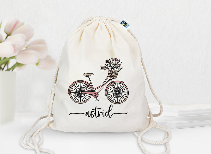 Personalisierter Turnbeutel aus Bio- Baumwolle | mit Wunschnamen | Fahrrad rosa | Rucksack für Sport und Einkauf