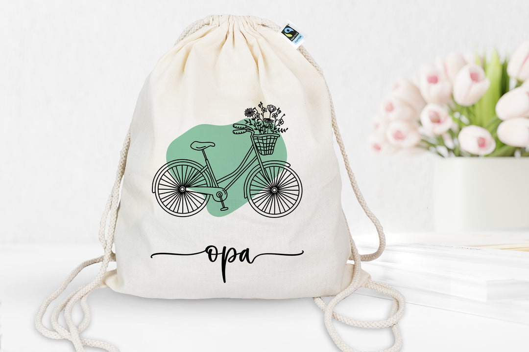Personalisierter Turnbeutel aus Bio- Baumwolle | mit Wunschnamen | Fahrrad Bubble mint | Rucksack für Sport und Einkauf