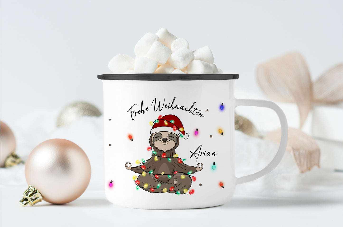 Emaille Tasse mit Name | Faultier Lichterkette
