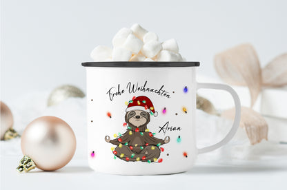 Emaille Tasse mit Name | Faultier Lichterkette