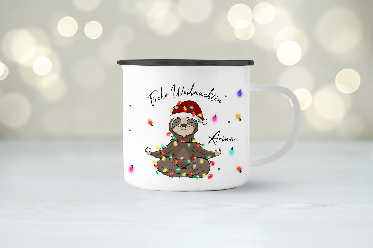 Emaille Tasse mit Name | Faultier Lichterkette