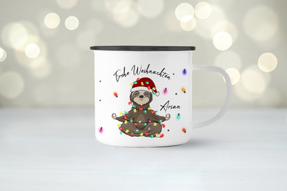 Emaille Tasse mit Name | Faultier Lichterkette