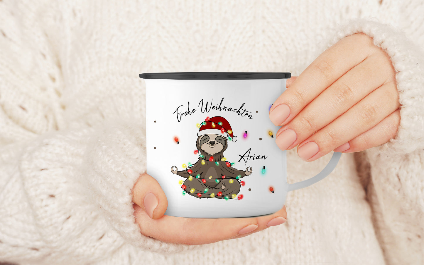 Emaille Tasse mit Name | Faultier Lichterkette