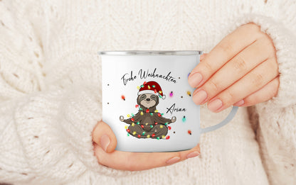 Emaille Tasse mit Name | Faultier Lichterkette