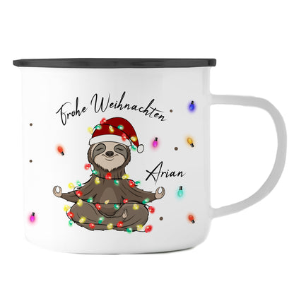 Emaille Tasse mit Name | Faultier Lichterkette