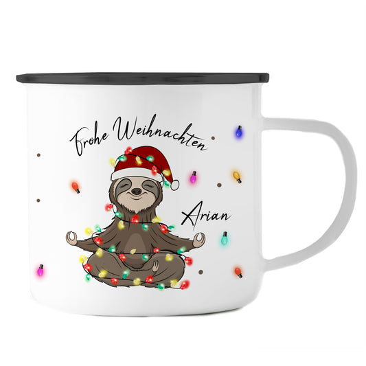 Emaille Tasse mit Name | Faultier Lichterkette