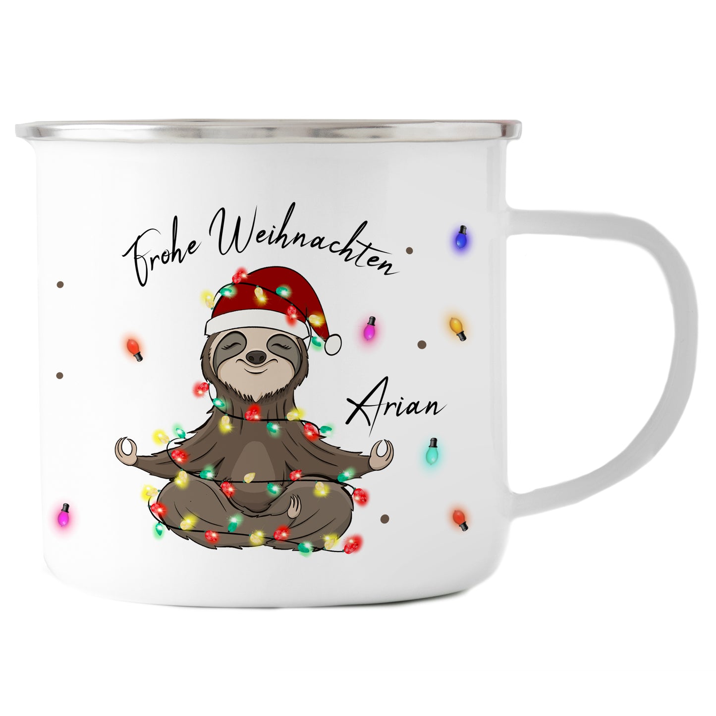Emaille Tasse mit Name | Faultier Lichterkette