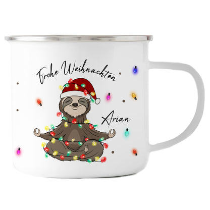 Emaille Tasse mit Name | Faultier Lichterkette