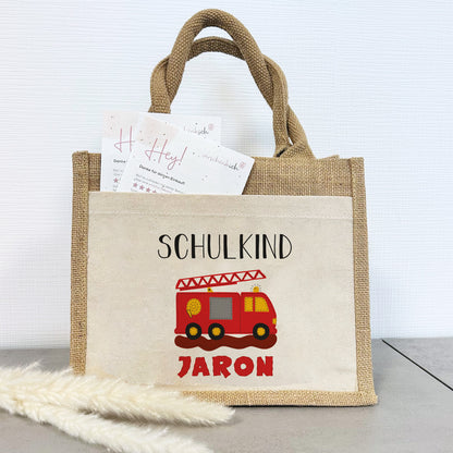 Einschulung | Personalisierte Jute Pocket Tasche | mit Wunschnamen | Schulkind Feuerwehr | als Geschenktasche für Schulanfang