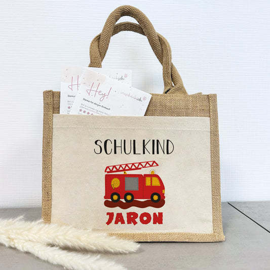 Jute Pocket Tasche mit Namen | Schulkind Feuerwehr