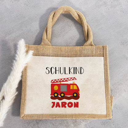 Einschulung | Personalisierte Jute Pocket Tasche | mit Wunschnamen | Schulkind Feuerwehr | als Geschenktasche für Schulanfang