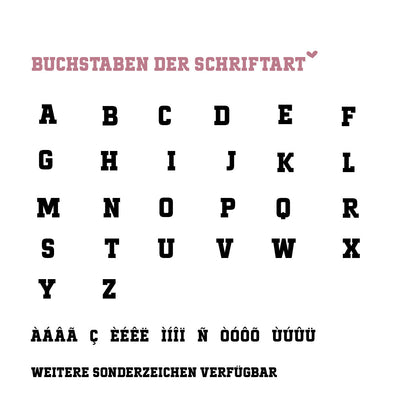 Darstellung der Schriftart für die Namenspersonalisierung mit allen Buchstaben, Umlauten und Sonderzeichen auf weißem Hintergrund