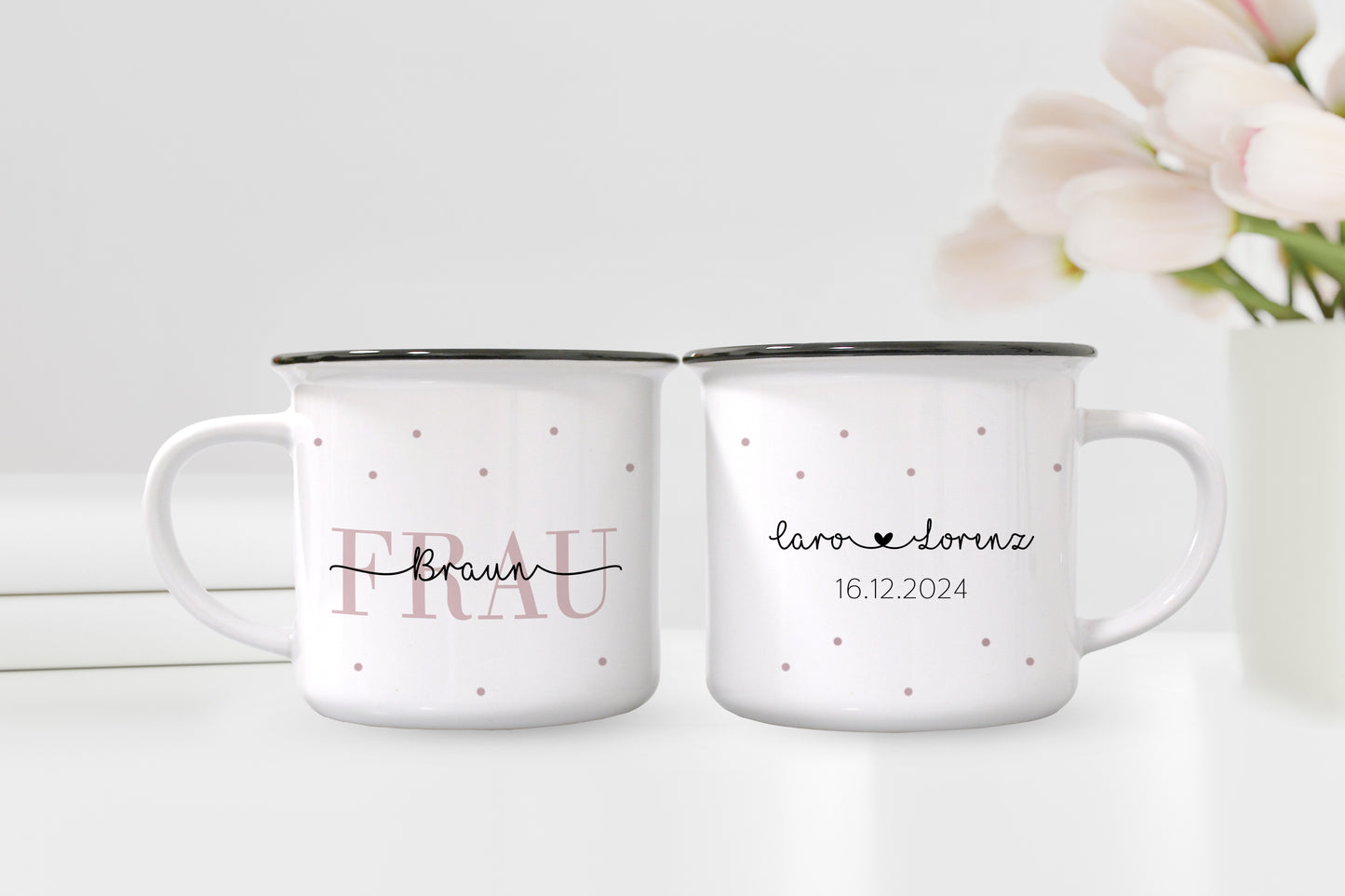 Keramik Emaille-Optik Tassen-Set mit Namen + Datum | Frau + Herr