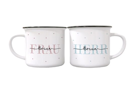 Keramik Emaille-Optik Tassen-Set mit Namen + Datum | Frau + Herr