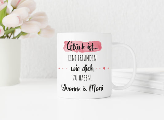 Freundin | Kaffeetasse | Glück ist eine wie dich zu haben | Tasse mit Wunschnamen personalisiert | BFF | weiß oder Henkel+Innen rosa