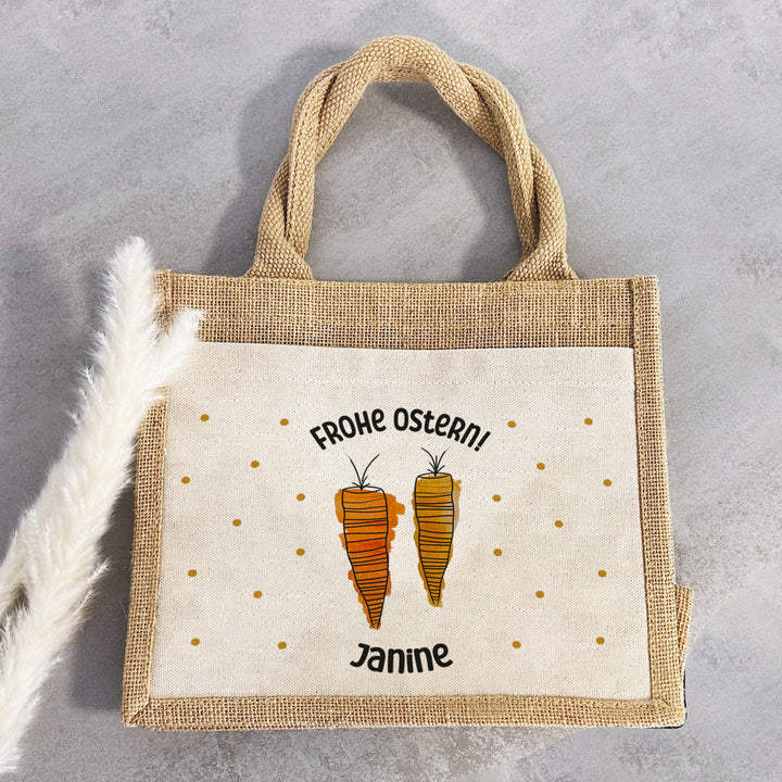 Ostern | Personalisierte Jute Pocket Tasche | mit Wunschnamen | Frohe Ostern | Möhren | Karotten | Geschenktasche oder für Ostereiersuche