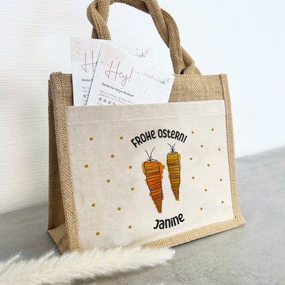 Jute Pocket Tasche mit Namen | Frohe Ostern Karotten